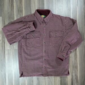 Cabelas Mens Fleece Lined Flannel Shirt Burgundy Gingham Check Cotton M Regular